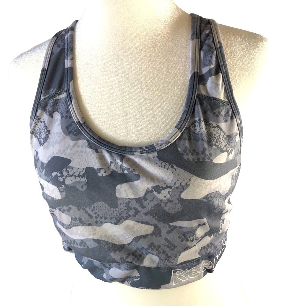Reebok Sport Bra Women L Gray Camo Racerback Longline Activewear